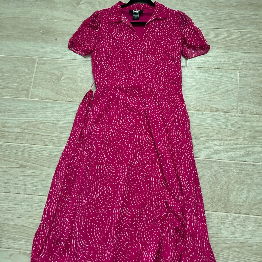 DKNY Pink Puff Sleeve Polo Collar Maxi Dress